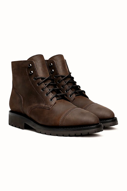 Tobacco leather cap toe boot with anti-slip rubber outsole
