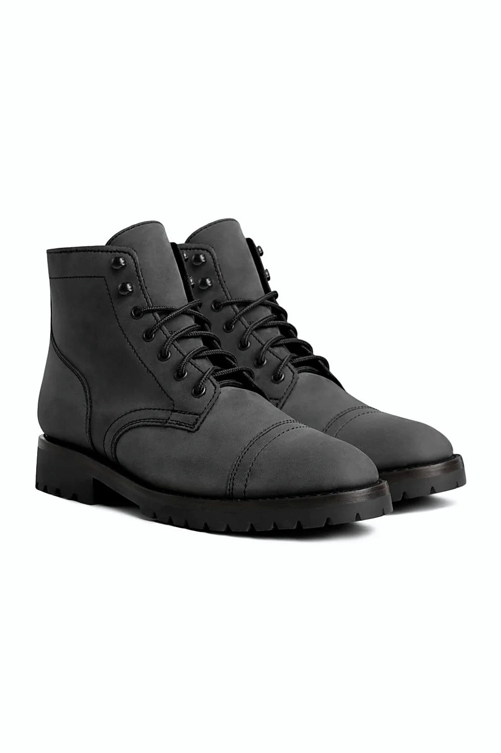 Grey matte leather cap toe boot with anti-slip outsole