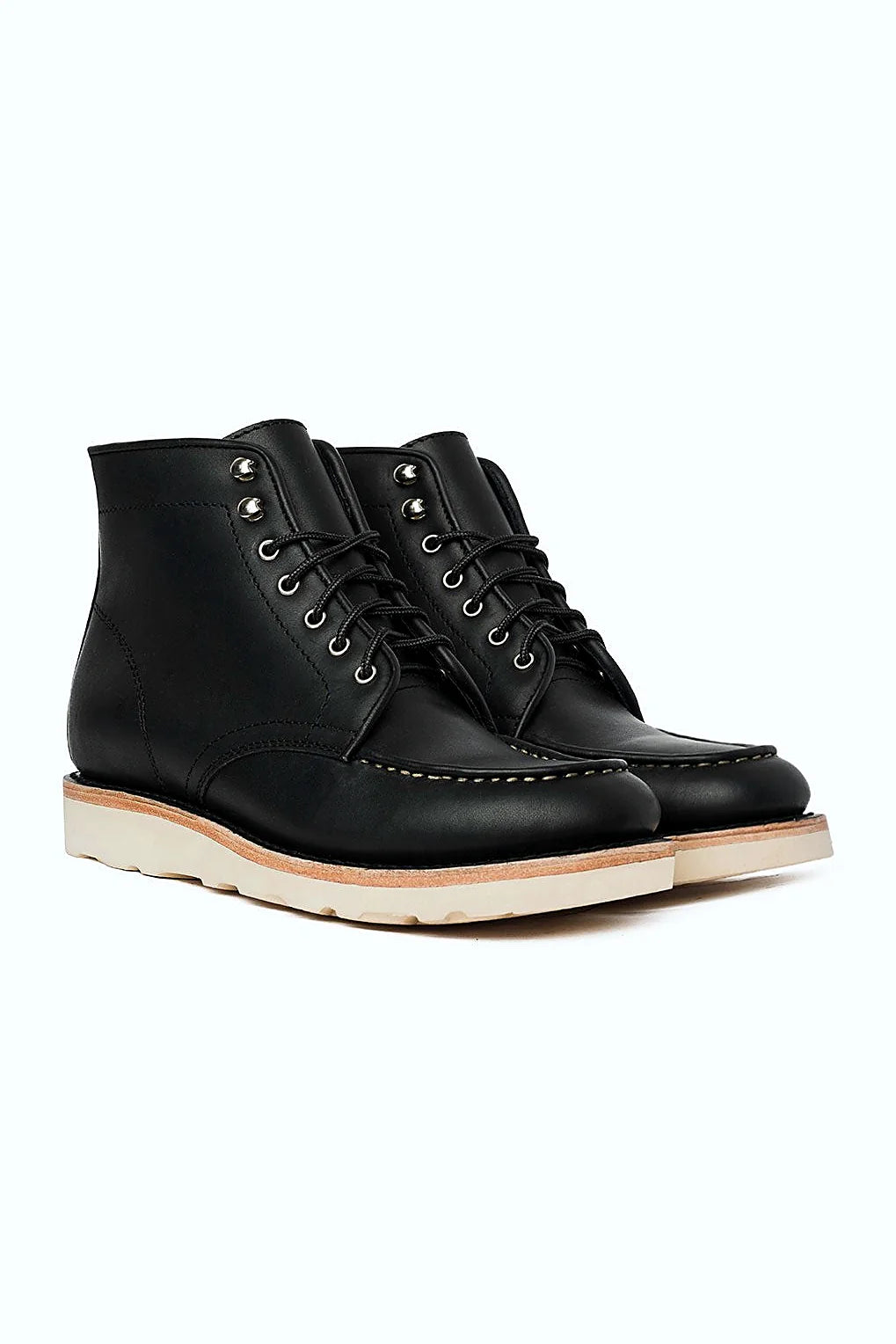 Black leather moc toe boot with wedge outsole
