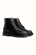 Black full-grain moc toe boot with lug outsole