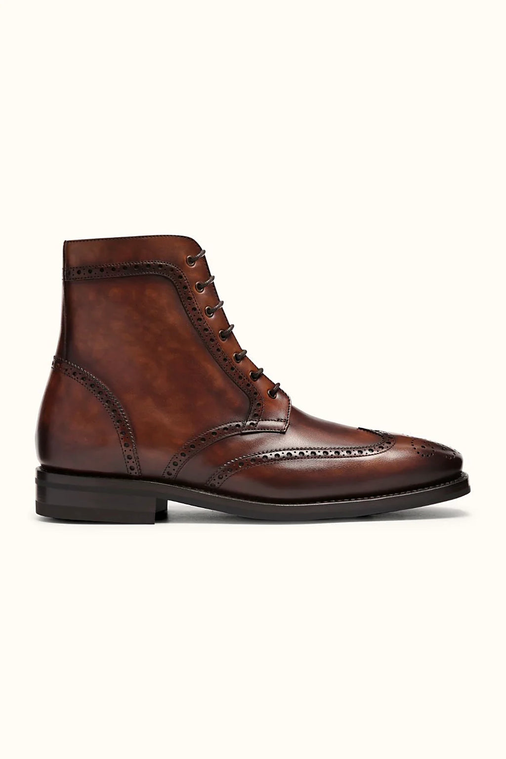 Chisholm boot with hand-burnished toe and brogue pattern
