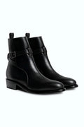 Black leather boot with ankle strap and buckle