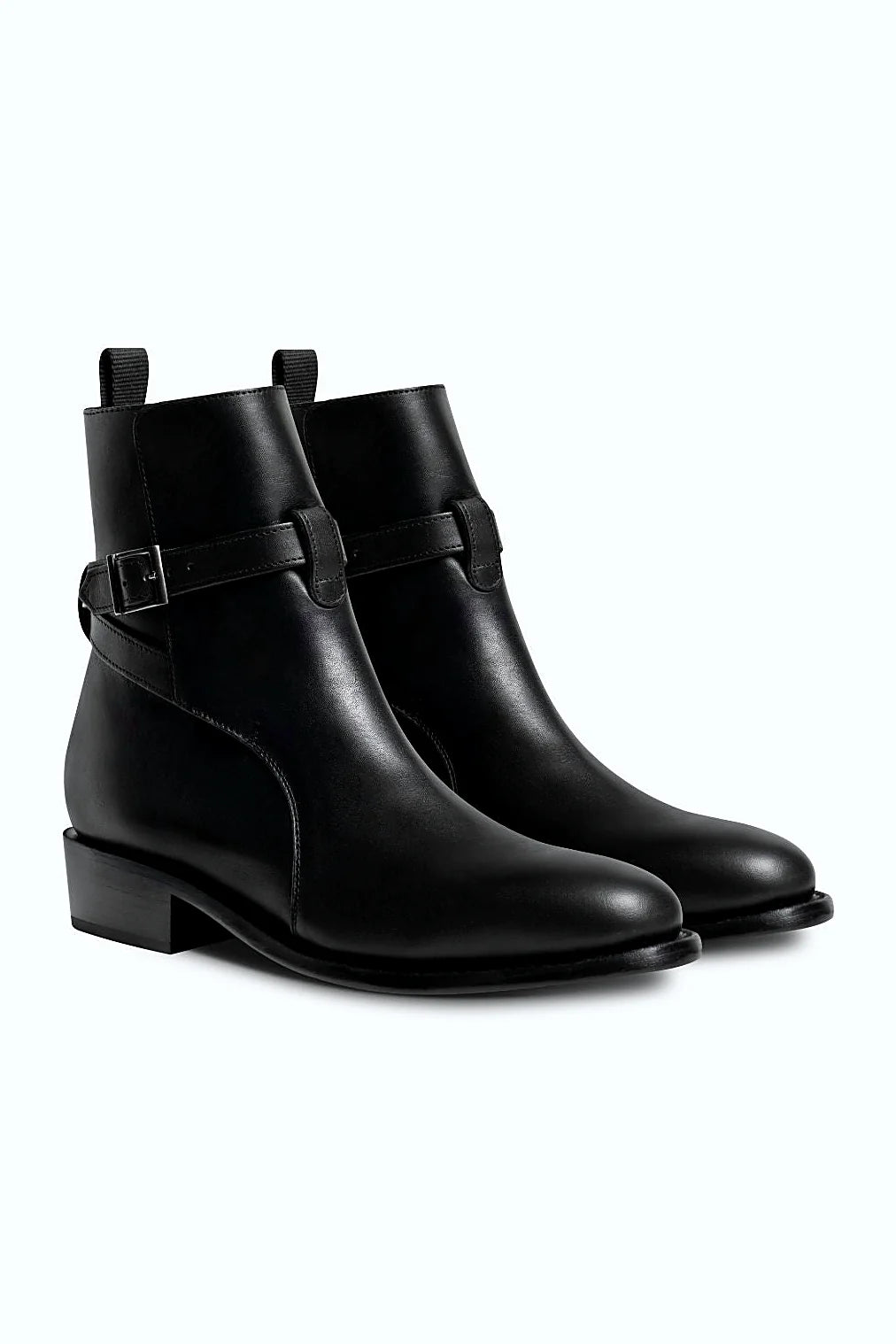 Black leather boot with ankle strap and buckle