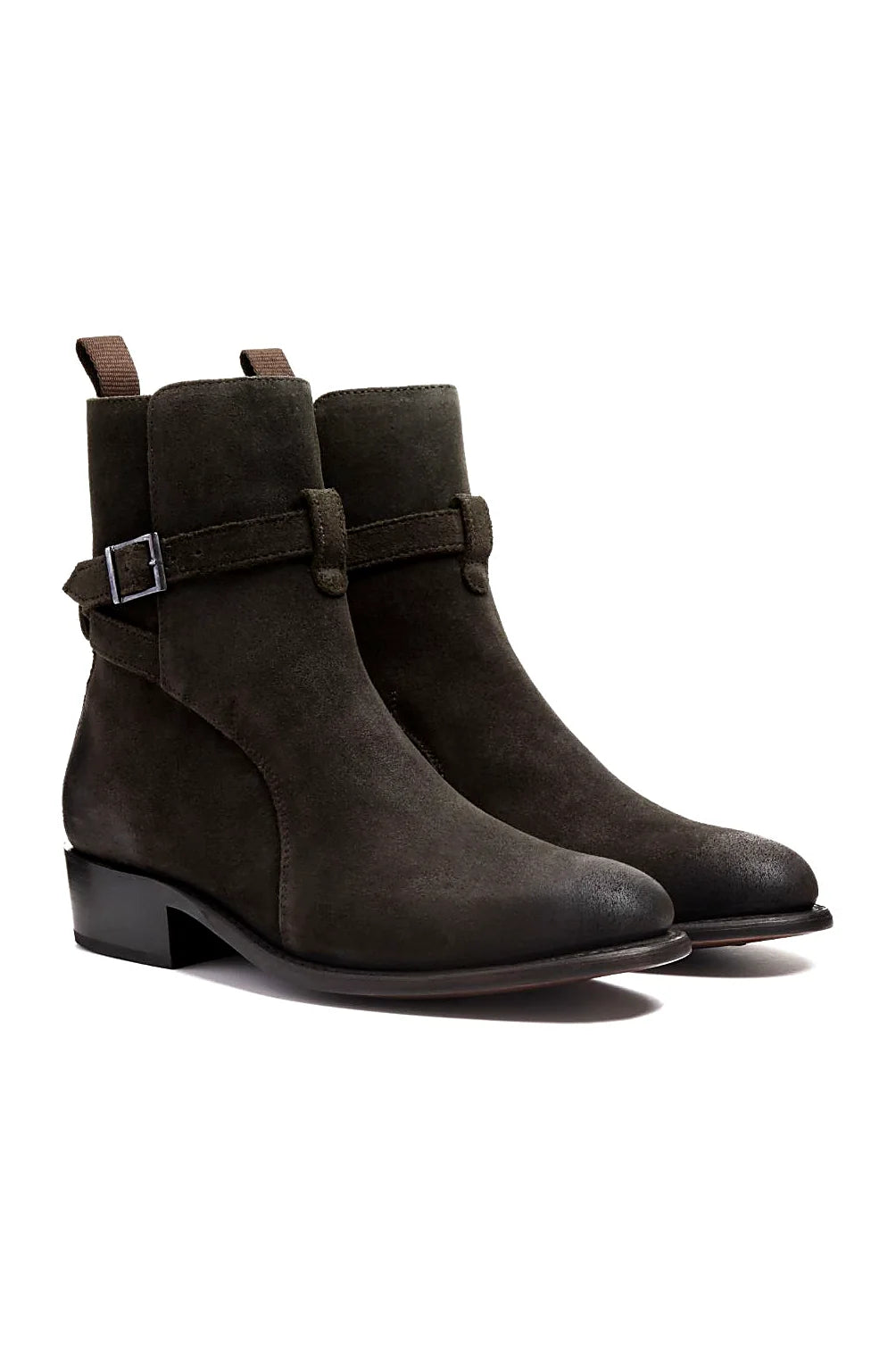 Dark olive suede boot with buckle strap