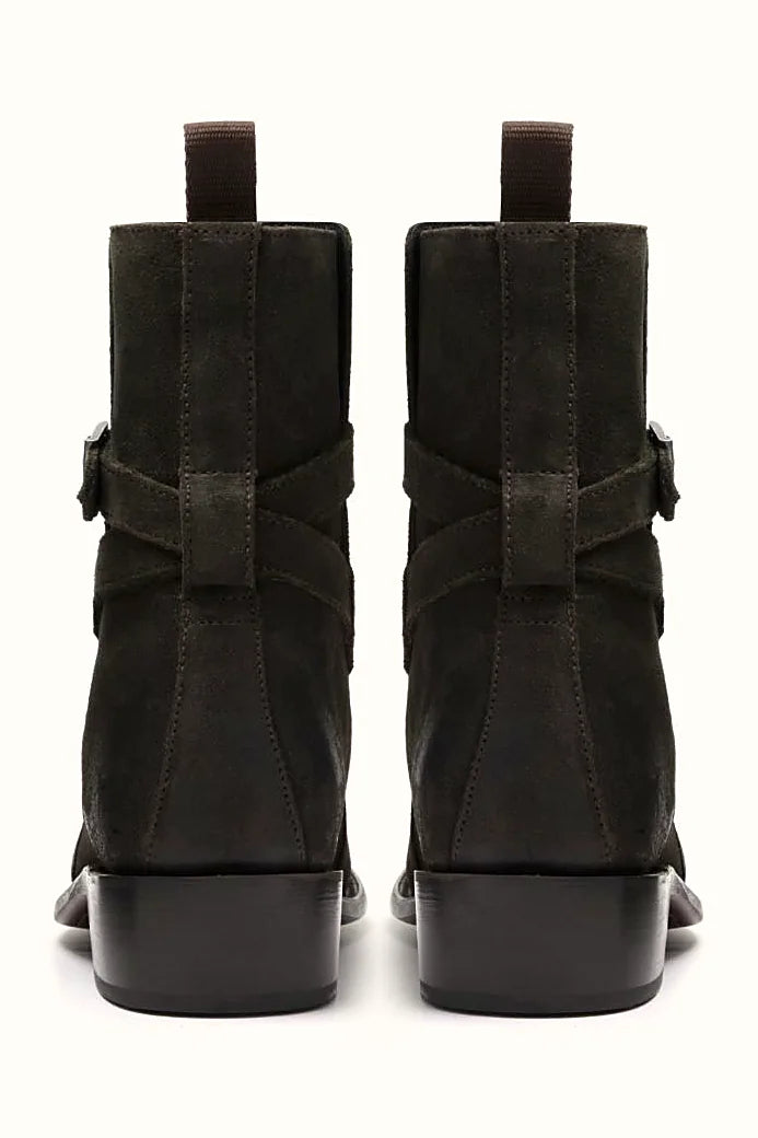 Olive suede boot with square buckle