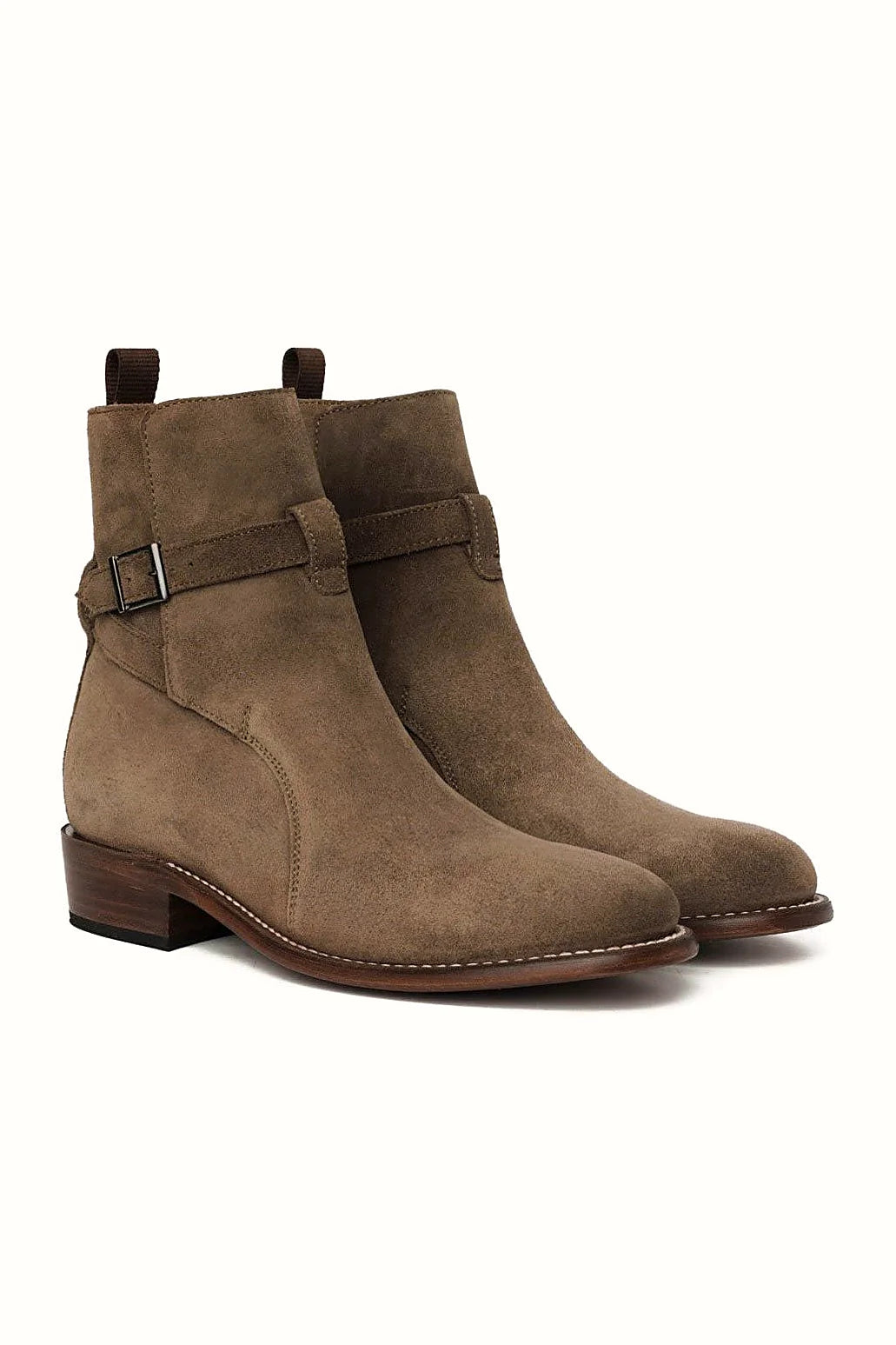 Taupe suede boot with ankle strap and buckle