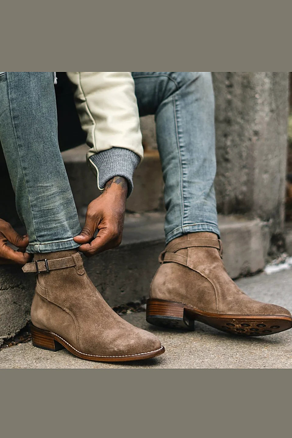 Taupe suede buckle boot
